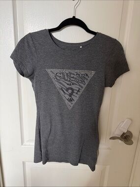 GUESS Charcoal Gray Short Sleeve Crystal Logo Tee